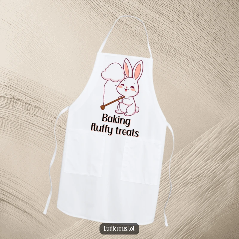 Funny rabbit apron depicts a cheerful bunny using a comically long pole to try and pet a cloud.