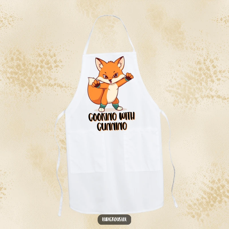 Funny apron illustrating a determined fox striking a dramatic pose with mismatched socks. Practical and humorous kitchen wear.