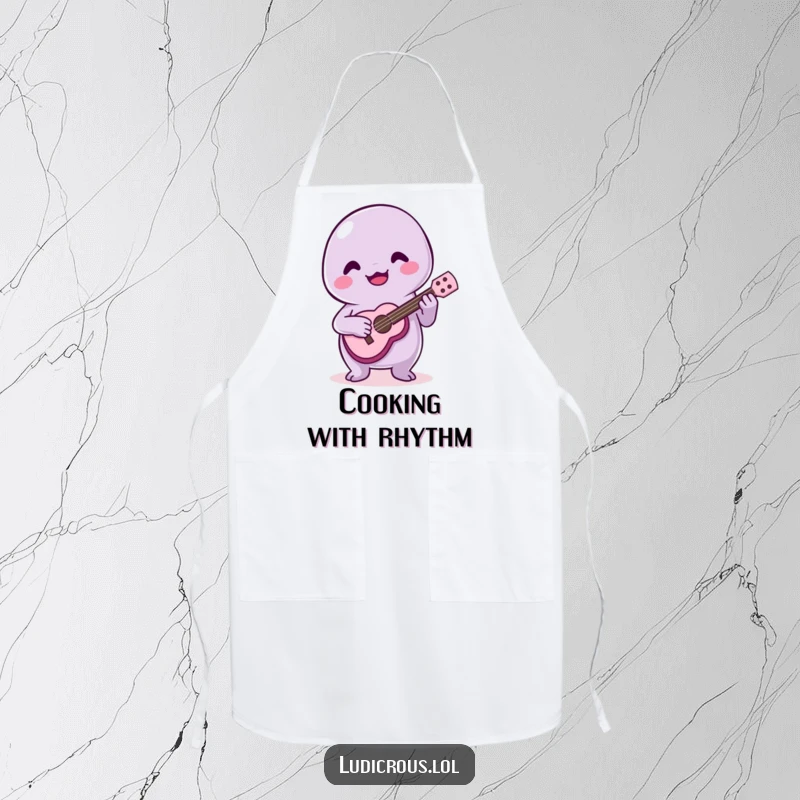 Funny apron graphic of a joyful slime creature playing a tiny ukulele poorly, bringing musical comedy to the kitchen.