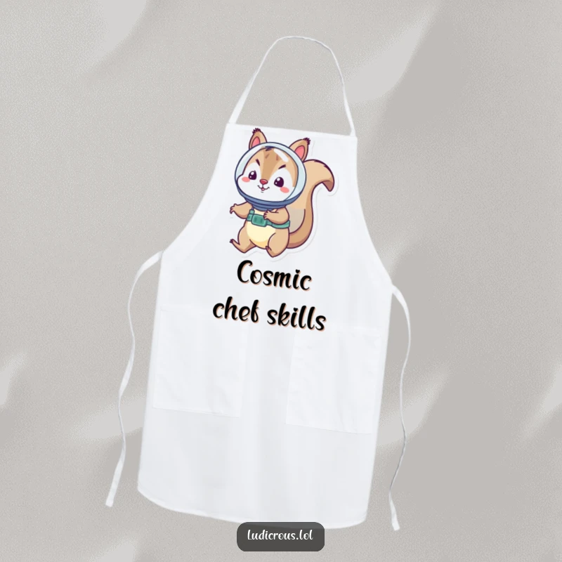 Funny squirrel astronaut apron depicts a playful squirrel in a tiny helmet floating in outer space.