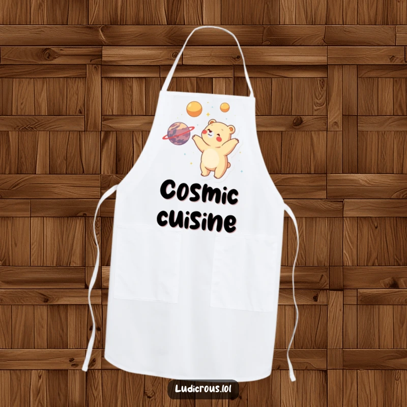 Funny bear joyfully juggling planets with visible delight and wonder, featured on a practical and humorous apron.