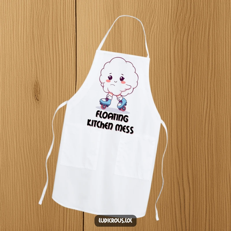Funny apron graphic of a fluffy cloud wearing roller skates, shown in a comical, wobbling pose.