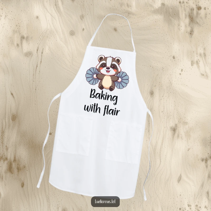 Funny Badger Apron, a smiling badger using feather fans to attempt flying, ready for kitchen adventures.