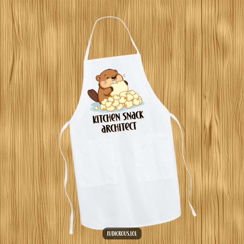 Funny apron with a determined beaver building a dam out of oversized popcorn, perfect for a humorous kitchen gift.