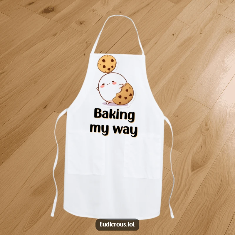 Funny apron showing a blob character stretching thin to reach a cookie, perfect for a humorous cooking experience.