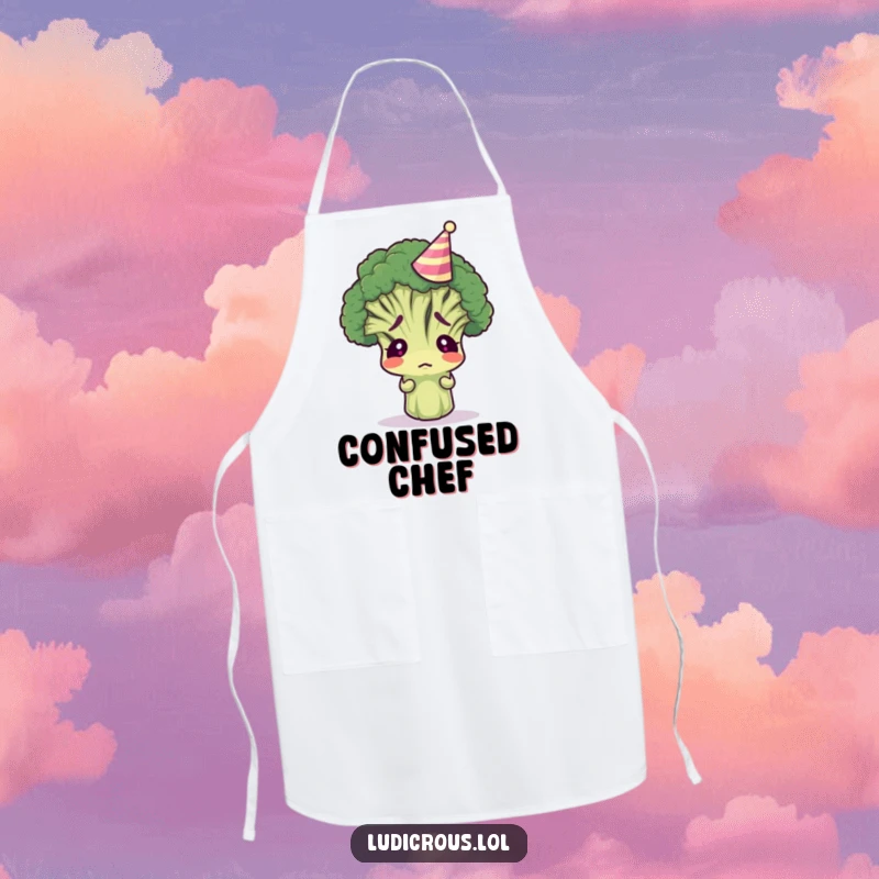 Funny broccoli floret in a tiny party hat, looking confused, on a durable apron, adding determination and humor to kitchen tasks.