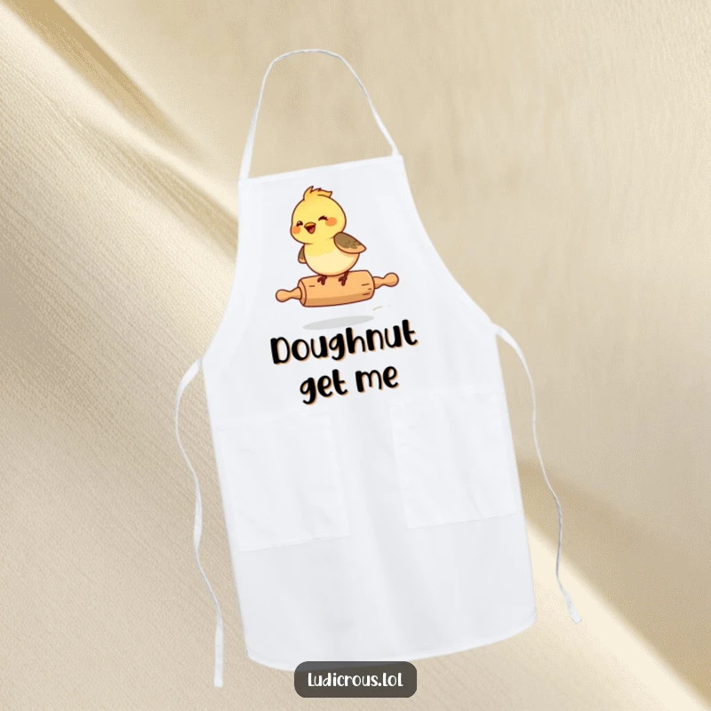 Funny Chickadee Apron, a giggling chickadee riding a rolling pin, ready for kitchen fun.