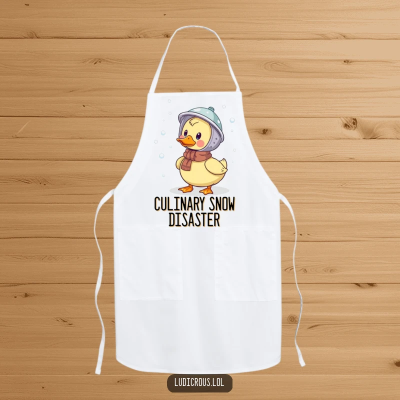 Funny apron showing a duck wearing a colander helmet, humorously catching snowflakes, ideal for a humorous kitchen setting.