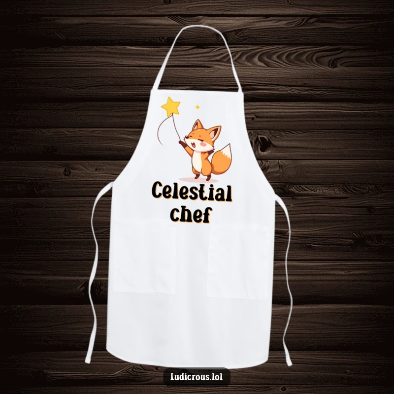Funny fox enthusiastically lassoing a shooting star on a humorous and functional cooking apron.