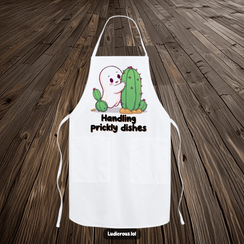 Funny ghost trying to hug a spiky cactus, a comical and festive apron for kitchen fun and protection.