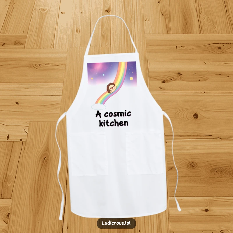Funny apron with a hedgehog gleefully sliding down a rainbow across a cosmic background, ideal for a whimsical kitchen.