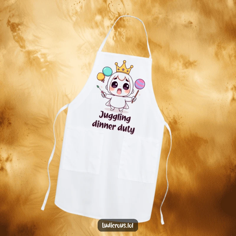 Funny apron featuring a surprised character wearing a tiny crown, comically juggling oversized kitchen items, perfect for a playful cook.
