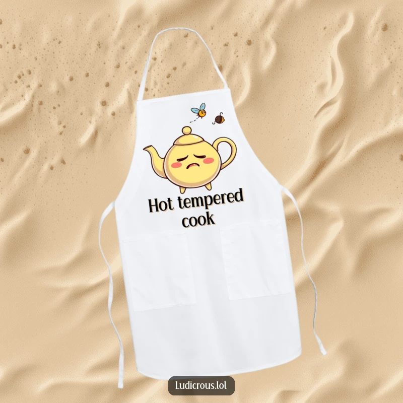 Funny nervous teapot apron, whistling steam aggressively at a fly, designed for those who face kitchen chaos with humor.