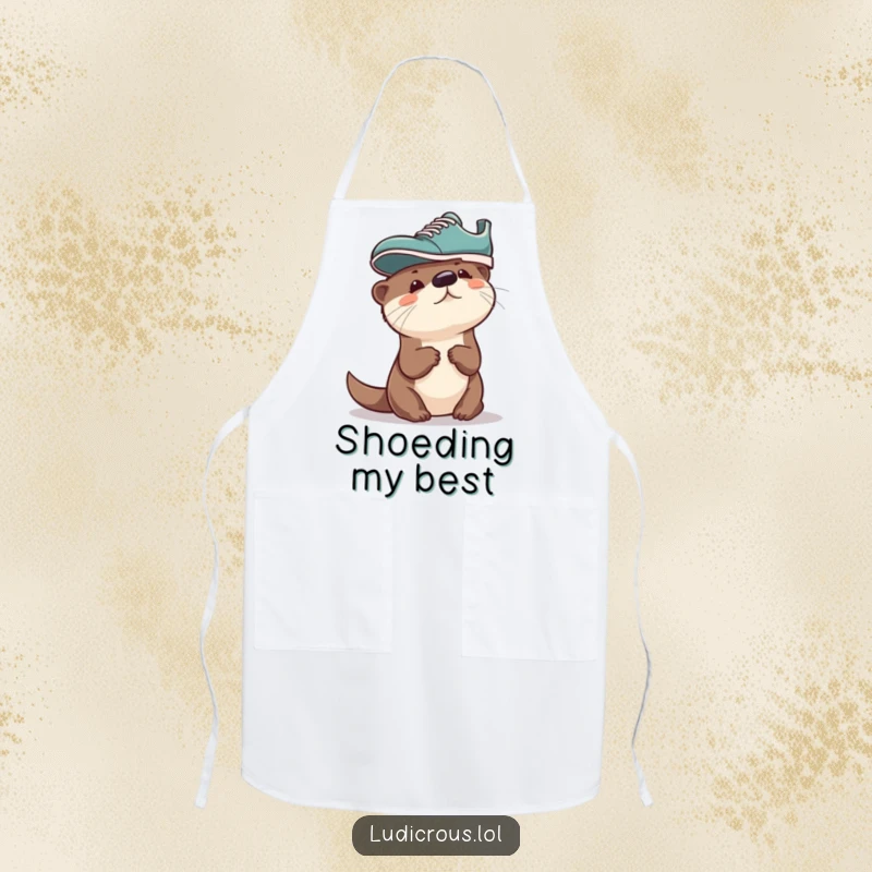 Funny Otter Apron, a curious otter humorously wearing a shoe on its head, ready to tackle kitchen tasks with a smile.