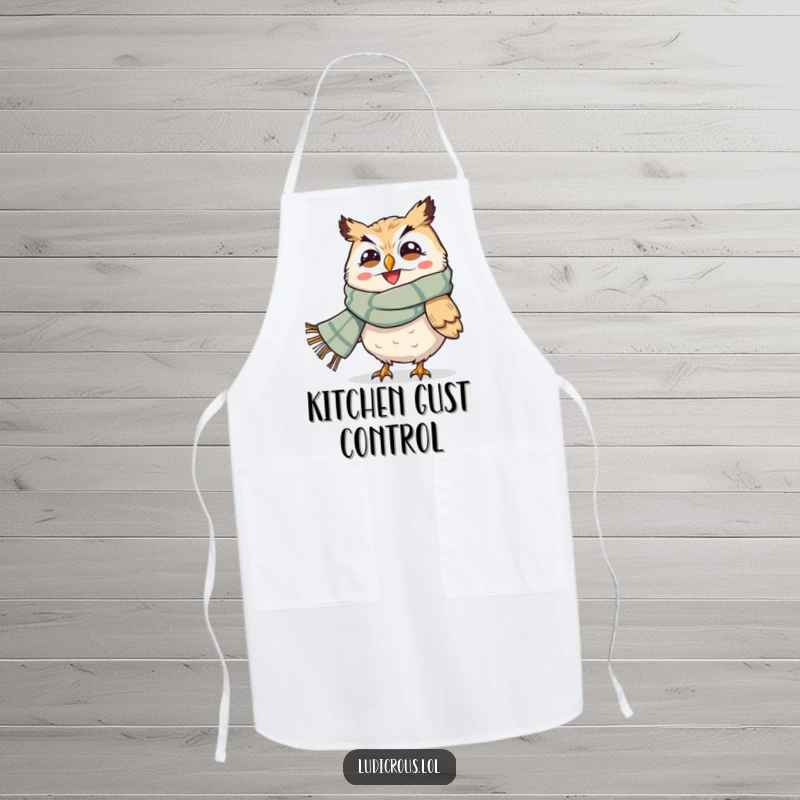 Funny apron with a grinning owl and a giant scarf being blown by the wind, ideal for a humorous kitchen accessory or gift.