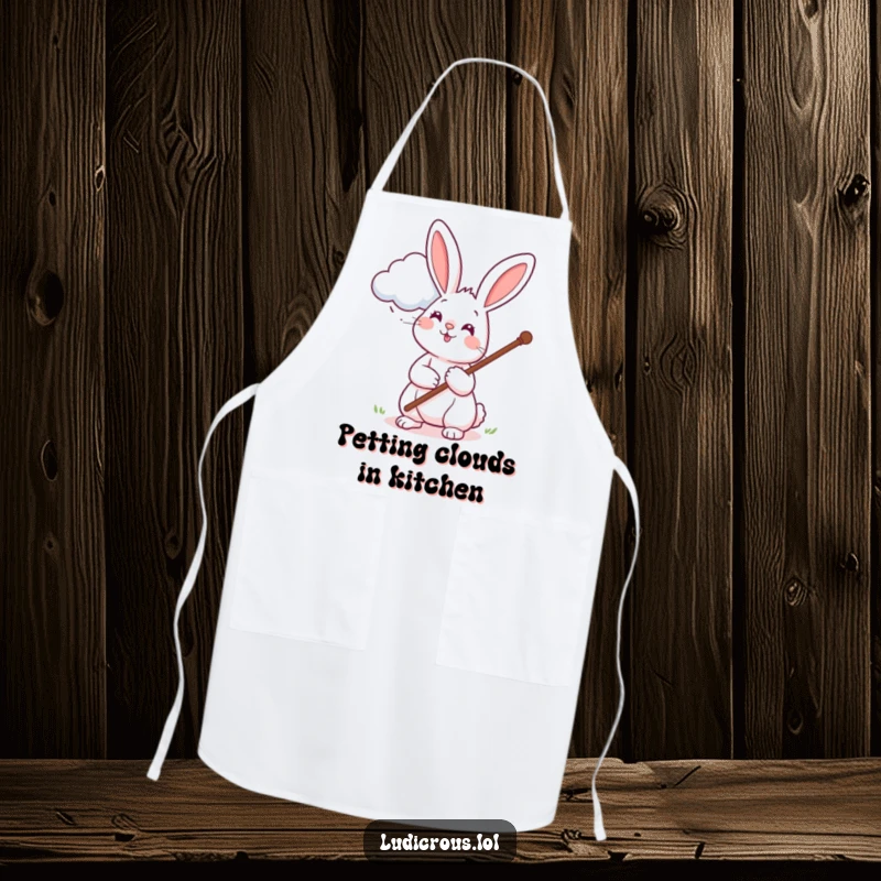Funny apron featuring a cheerful rabbit with a long pole aiming to pet a cloud, perfect for a humorous kitchen or gift.