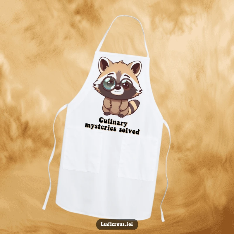 Funny raccoon apron showing a curious bandit wearing an oversized monocle while cooking, looking perplexed, adding smart humor to the kitchen.