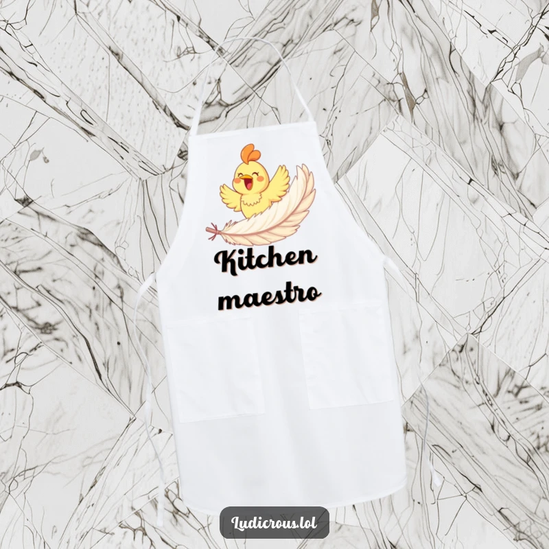 Funny rubber chicken gleefully soaring on a giant feather on a durable apron, adding comedy and fun to kitchen tasks.