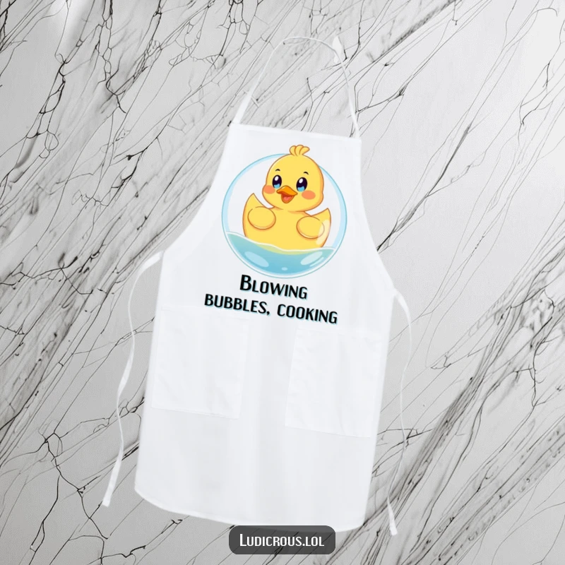 Funny apron featuring a happy rubber ducky floating on a giant bubble with eyes wide with glee, great for chefs.