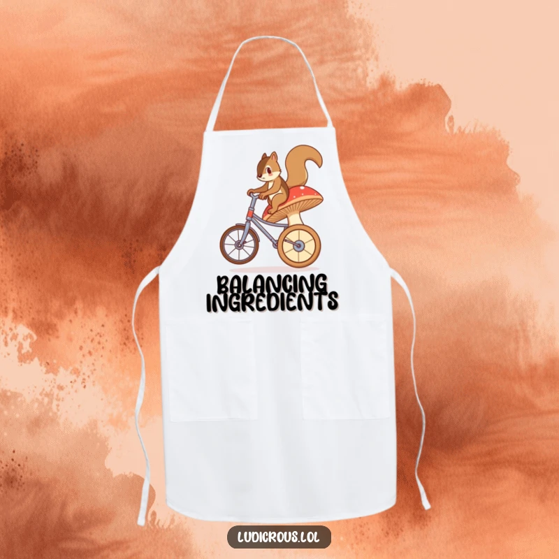 Funny apron depicting a bewildered squirrel attempting to ride a large, unsteady mushroom like a unicycle, perfect for a fun cook.