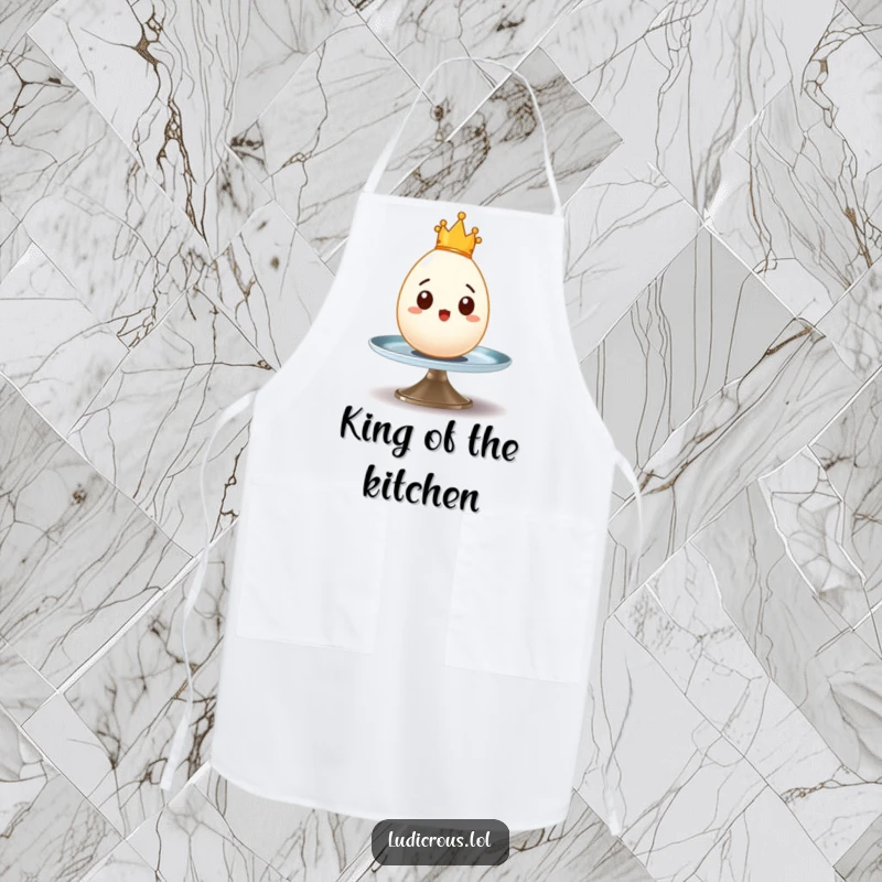 Funny apron featuring a surprised egg with a tiny crown wobbling precariously on a spinning plate, great for chefs.
