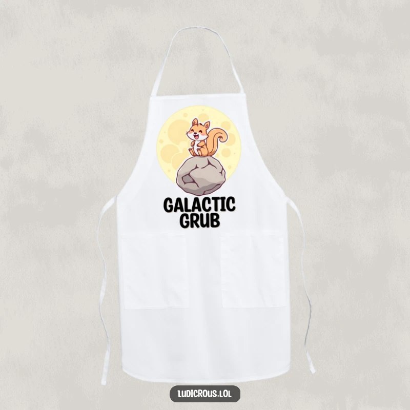Funny squirrel gleefully riding a giant hovering moon rock with a wide grin, featured on a practical and humorous apron.