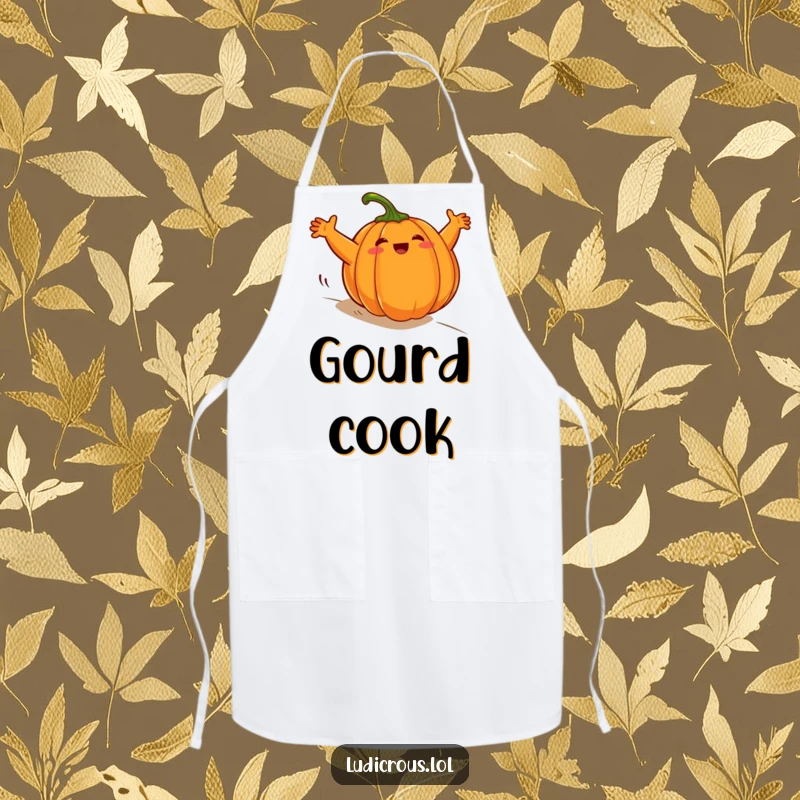 Funny plump pumpkin apron, comically rolling downhill with arms windmilling wildly, designed for fun in the kitchen.