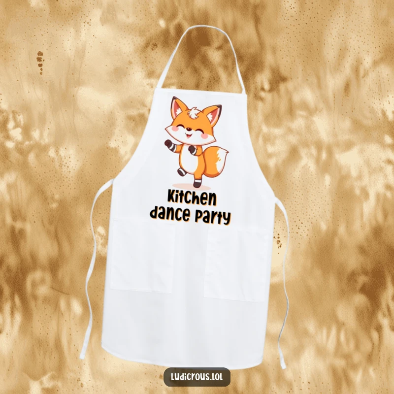 Funny apron with a cheerful fox wearing mismatched socks and doing a silly dance, perfect for a humorous kitchen gift.