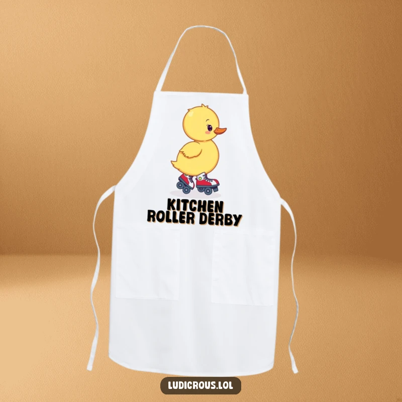 Funny apron with a wobbly duckling hilariously trying to roller skate backward, perfect for a humorous kitchen gift.