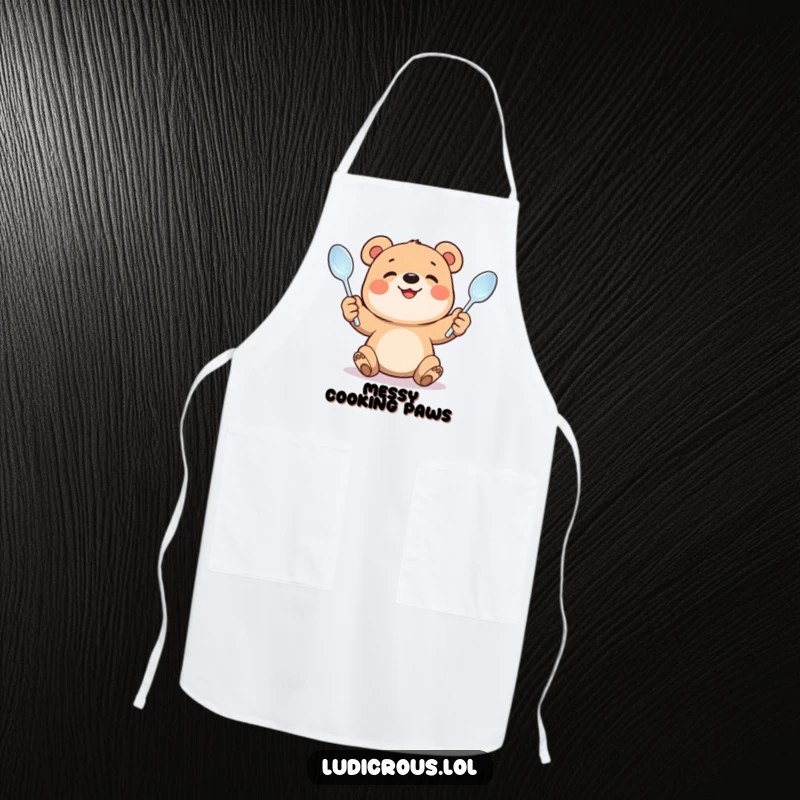 Funny apron illustrating a smiling bear cub juggling bent spoons. Practical and humorous kitchen wear for aspiring chefs.