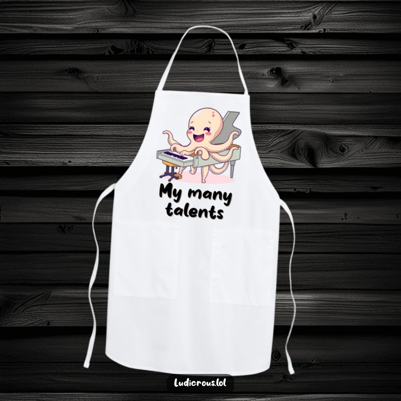 Funny apron featuring a delighted octopus playing a piano with all its arms, perfect for humorous kitchen protection and culinary concerts.