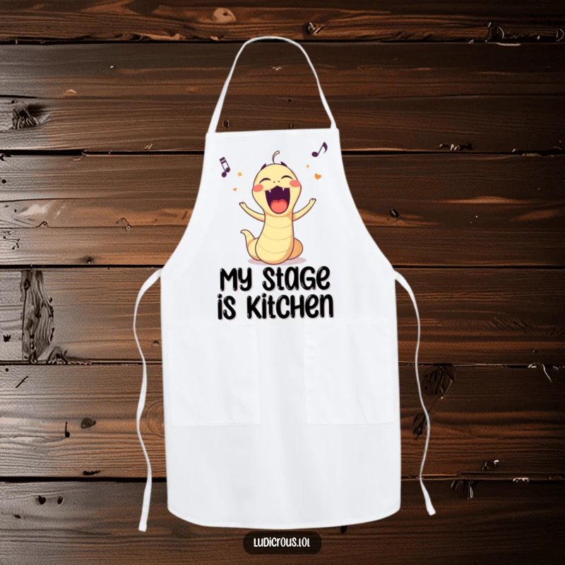Funny apron design of a worm energetically singing opera with a comically exaggerated mouth while cooking.
