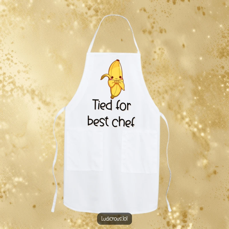 Funny apron featuring a curious banana peel hilariously attempting to tie itself into a bow, a comical kitchen accessory.