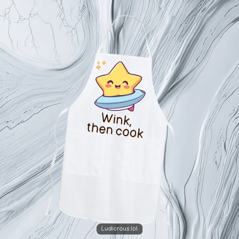 Funny apron depicting a cheerful star winking and transforming into a small spaceship, a whimsical cooking accessory.