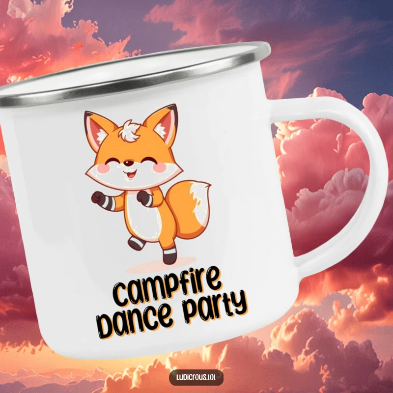 Funny camping mug with a cheerful fox wearing mismatched socks and doing a silly dance, perfect for outdoor fun.