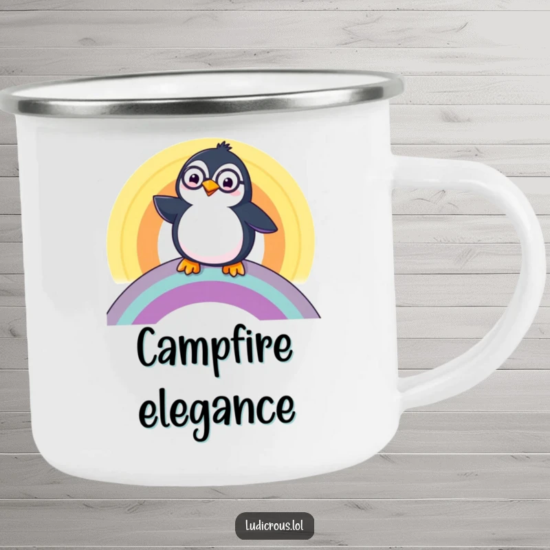 Funny Penguin Camping Mug, a happy penguin wearing a monocle, sliding down a rainbow, ready for outdoor elegance.