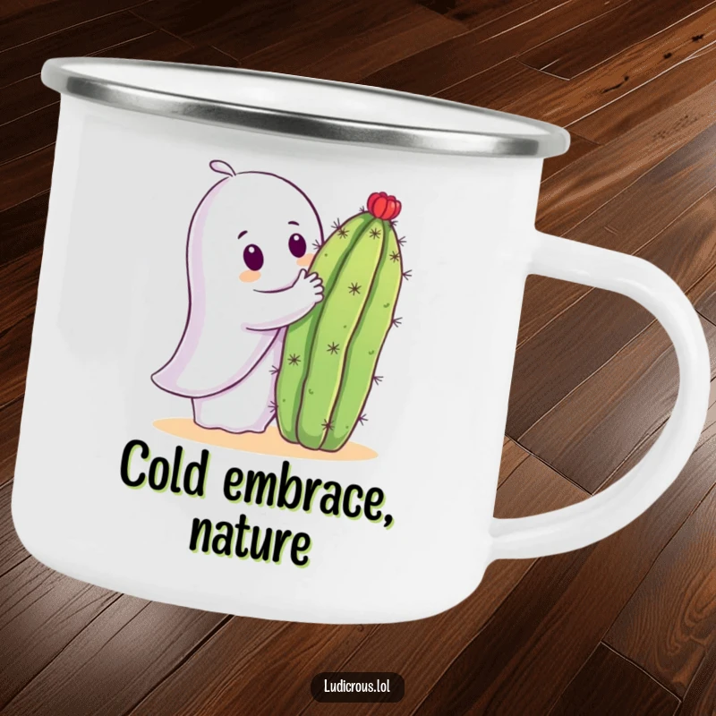 Funny camping mug graphic of a ghost attempting to hug a sharp cactus, a humorous scene for outdoor enthusiasts.
