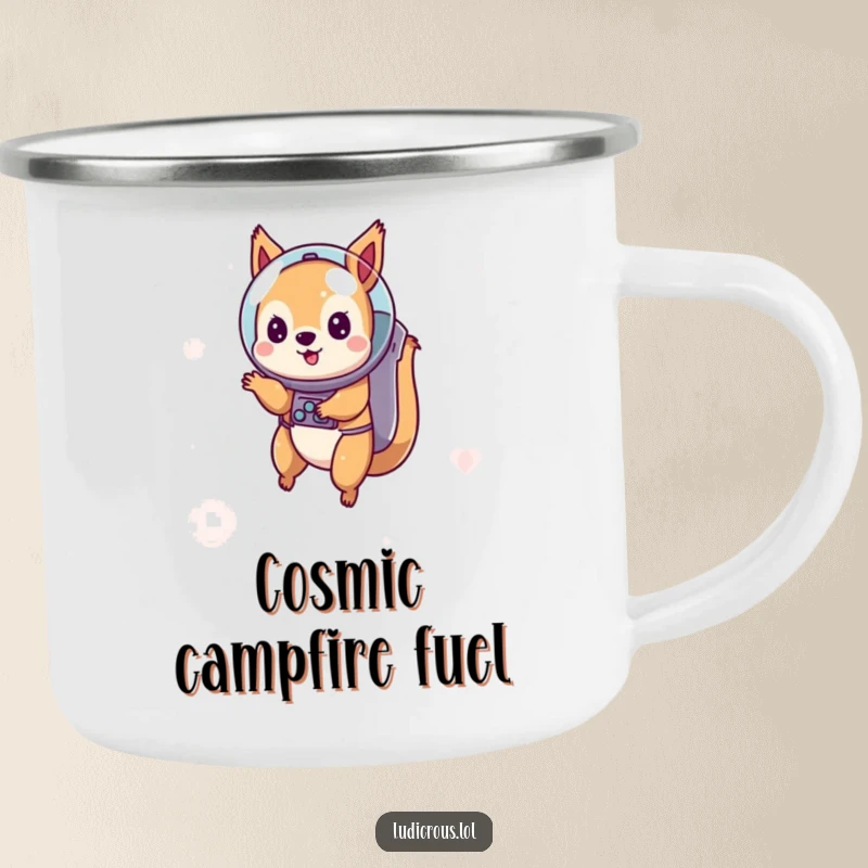 Funny camping mug featuring a playful squirrel astronaut floating in space, perfect for enjoying drinks during outdoor adventures.