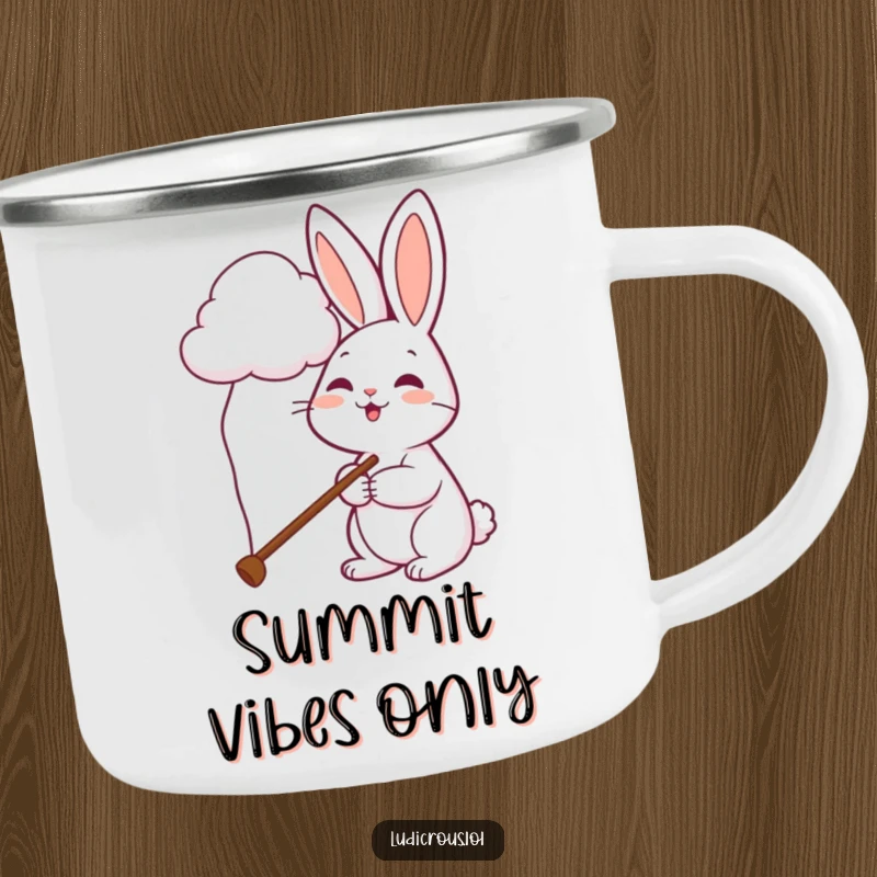Funny rabbit camping mug shows a cheerful bunny using a comically long pole to attempt petting a cloud.