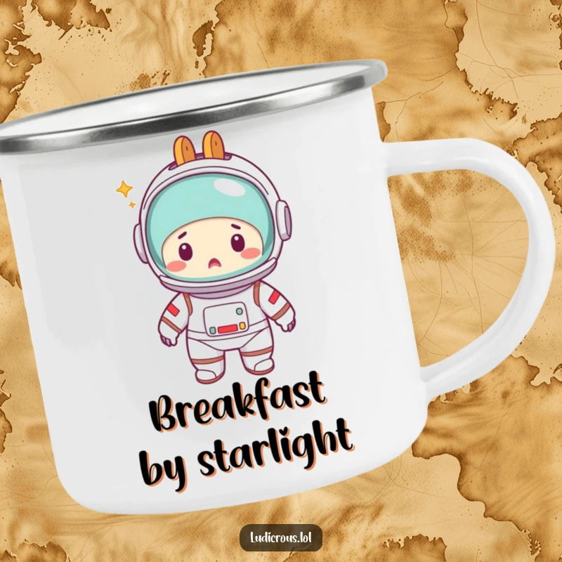 Funny camping mug showing a surprised astronaut with a toaster on its head, ready for outdoor adventures and cosmic explorations.