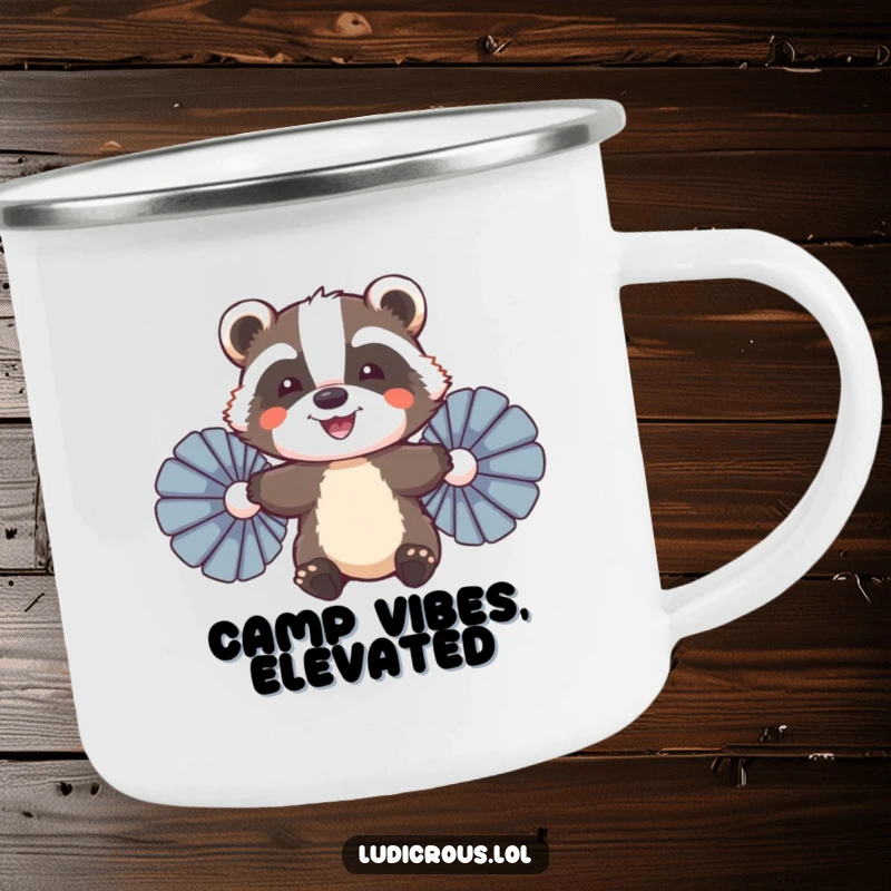 Funny Badger Camping Mug, a smiling badger using feather fans to try flying, ready for outdoor adventures.