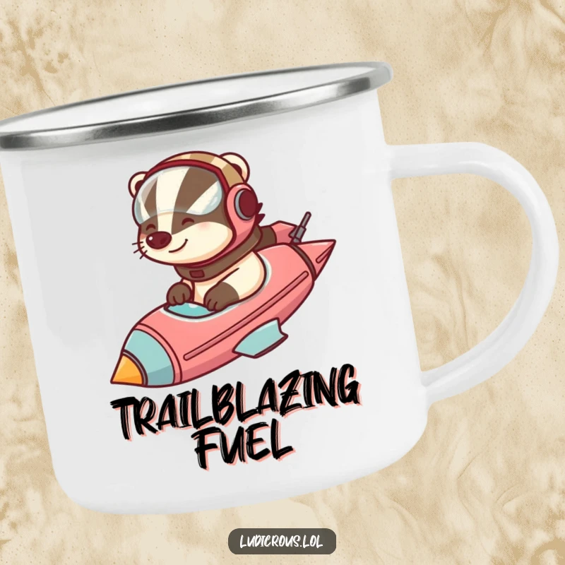 Funny badger wearing a helmet pilots a comically large rocketship, ready for launch, on a durable camping mug.