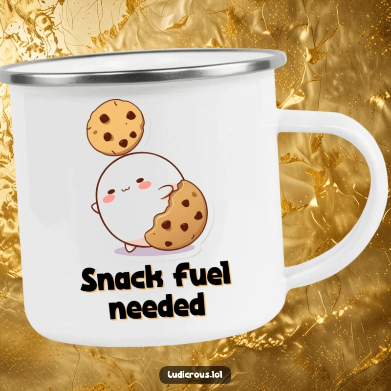 Funny enamel camping mug featuring a stretchy blob character reaching for a cookie, perfect for outdoor humor.