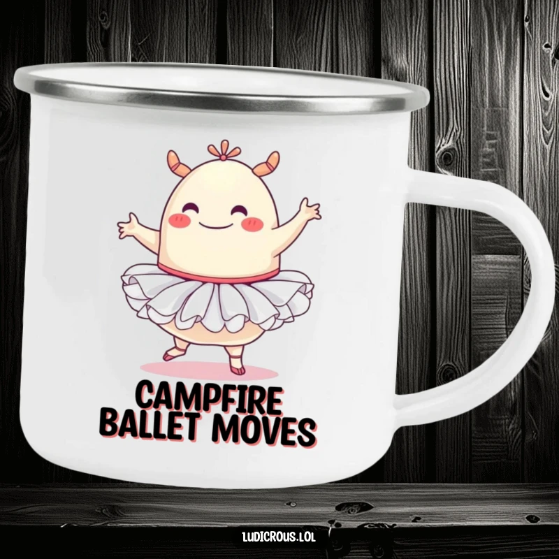Funny camping mug illustration of a happy blob monster wearing a ballet tutu, striking a comical dance pose, ready for outdoor fun.