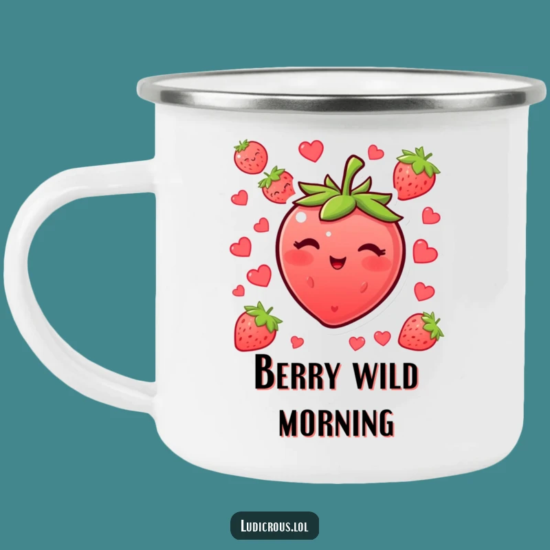 Funny Blushing Strawberry Wink Enamel Camping Mug - Rustic Humor for Outdoor Adventures