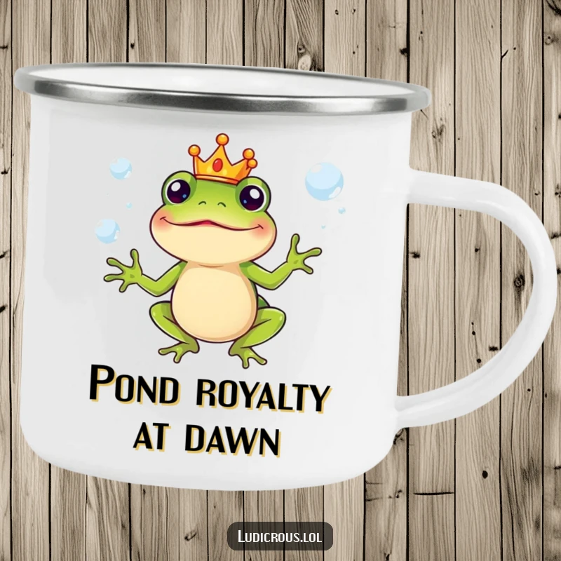Funny Camping Mug featuring a silly frog character in a crown, juggling slippery soap bubbles, durable and regal.