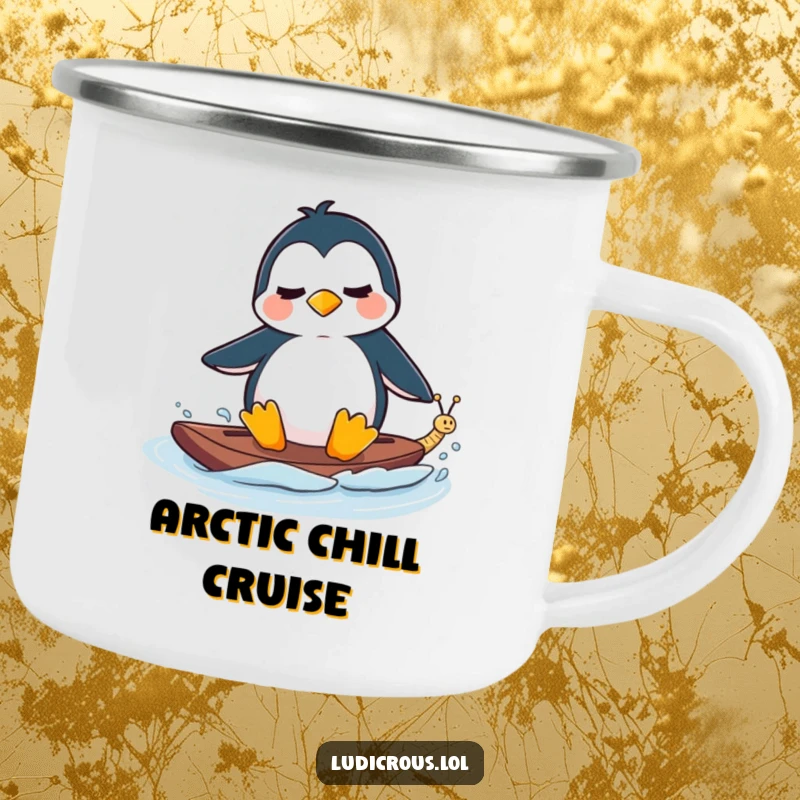 Funny Camping Mug featuring a perplexed penguin waterskiing behind a tiny, fast-moving snail, durable and humorous.