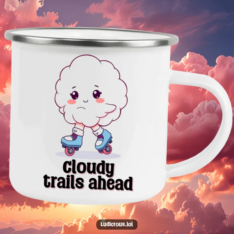 Funny camping mug graphic of a fluffy cloud roller skating precariously, a humorous scene for outdoor lovers.