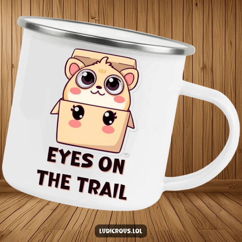 Funny camping mug illustration of a creature with numerous eyes, playfully peeking out of a small box, ready for outdoor observation.