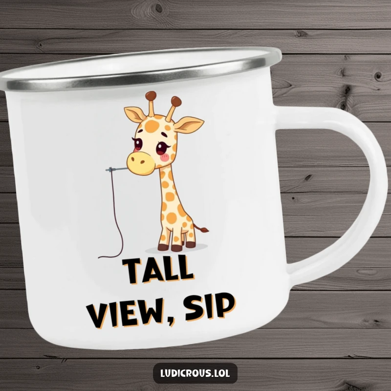 Funny giraffe camping mug showing a wobbly giraffe character attempting to thread a needle with its long neck, perfect for outdoor humor.